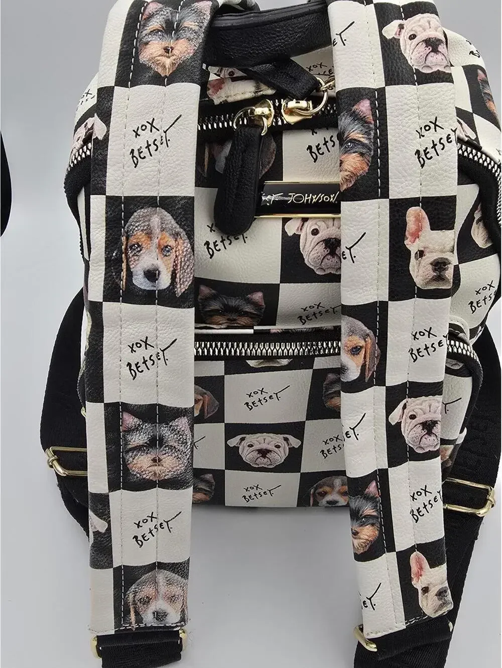 Betsey Johnson Dog Mini Backpack Black White Puppy Print Pom Charm Bag